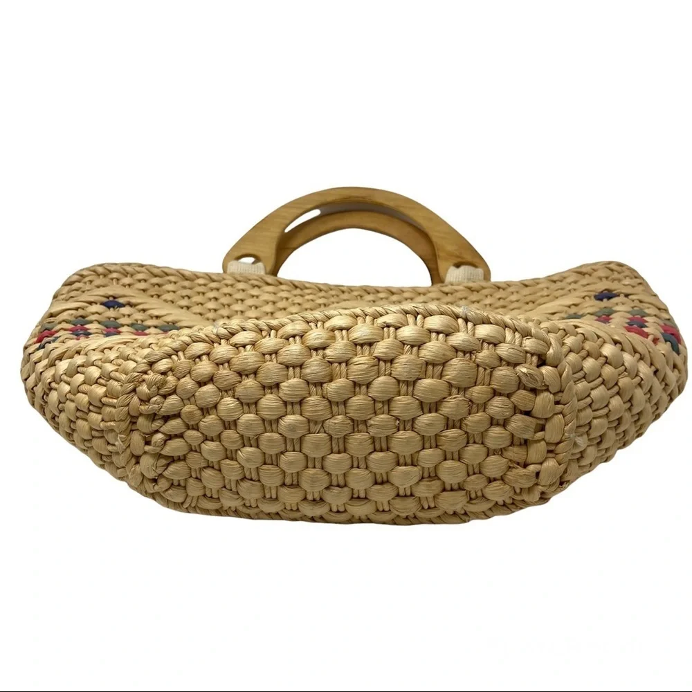 Hand Woven Straw with Wooden Handles Beach Bag.